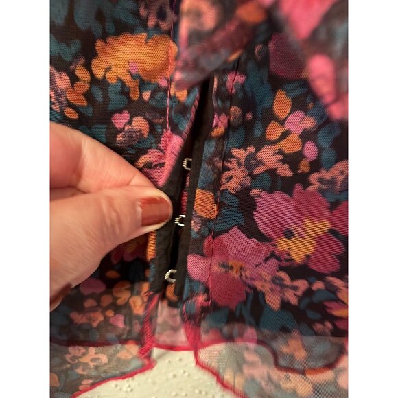 Promesa Fabulous Flowers Floral-Print Mesh Bell-Sleeve Top Sheer V-Neck Tie-Fron - Picture 12 of 16